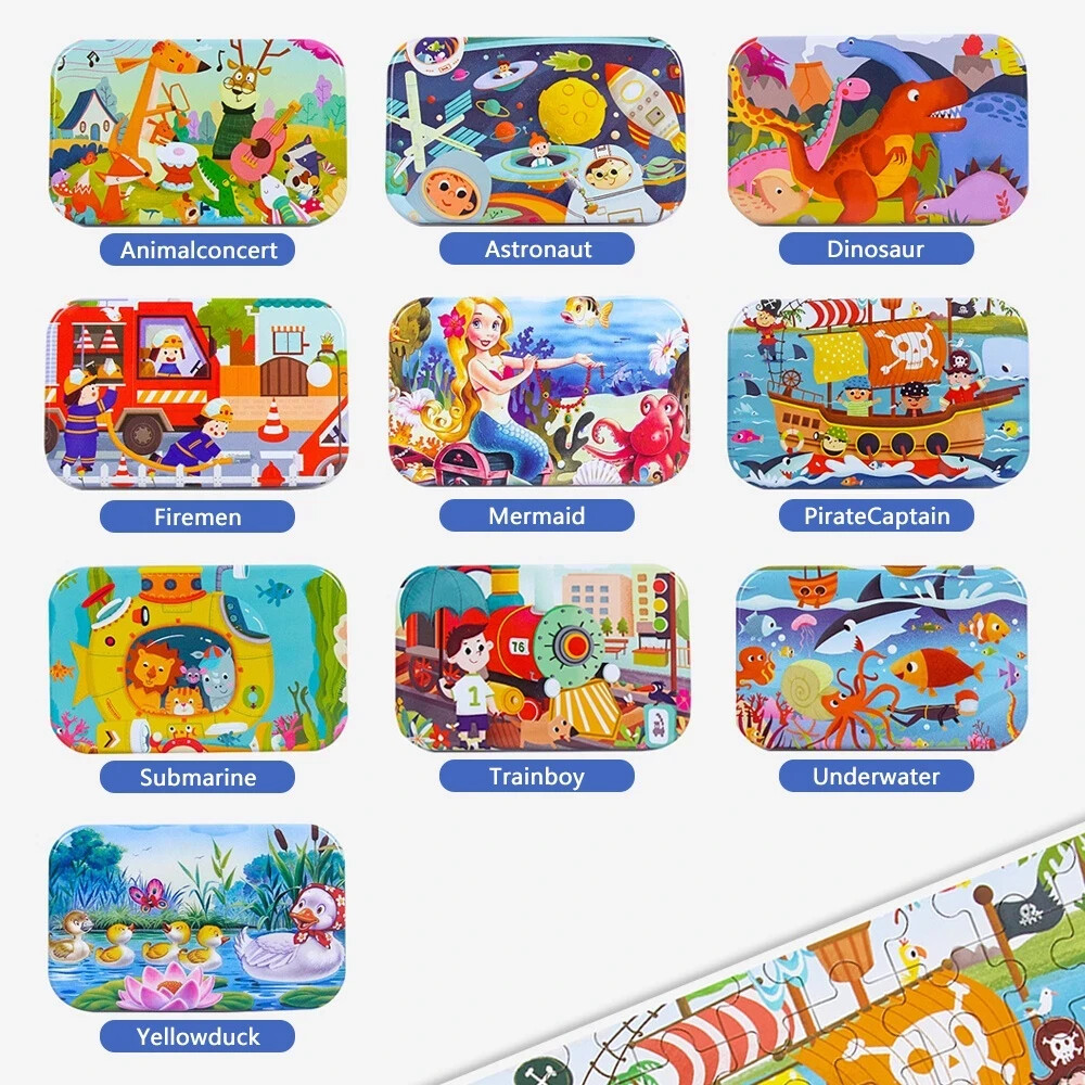 60Pcs Kids Wooden Puzzle Free Iron Box Early Learning Jigsaw Puzzle Toys