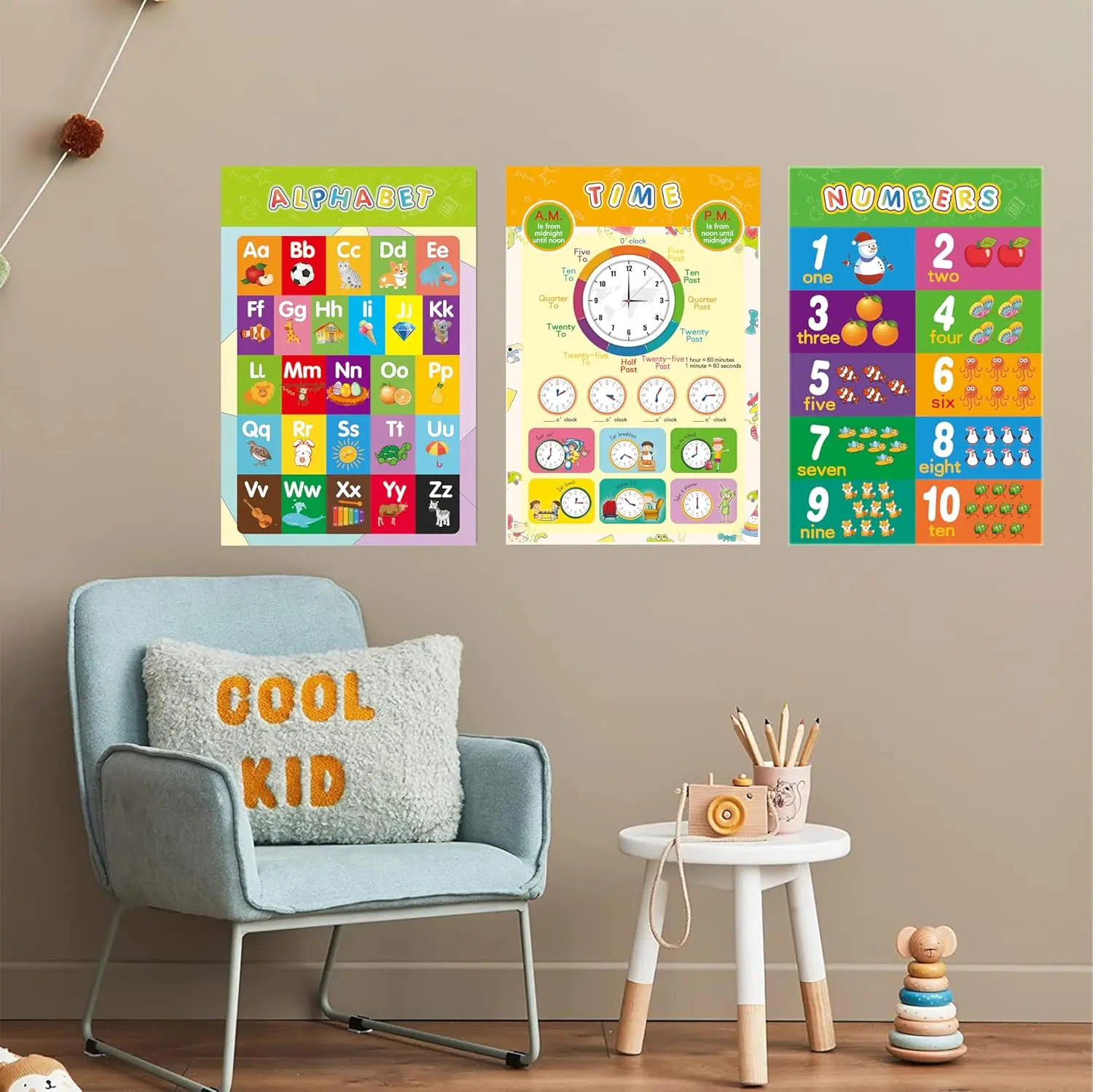 16 Educational Posters for Kids 1-3 Laminated Learning ABC Chart Numbers Colors