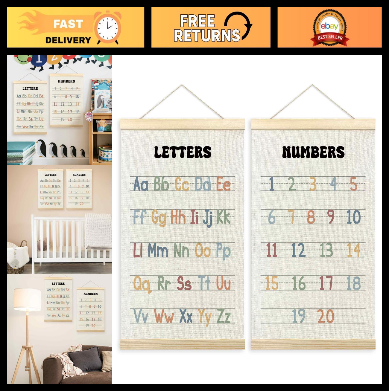 Set of 2 ABC Numbers Chart Posters for Kids – Educational Wall Art Decor 16×24