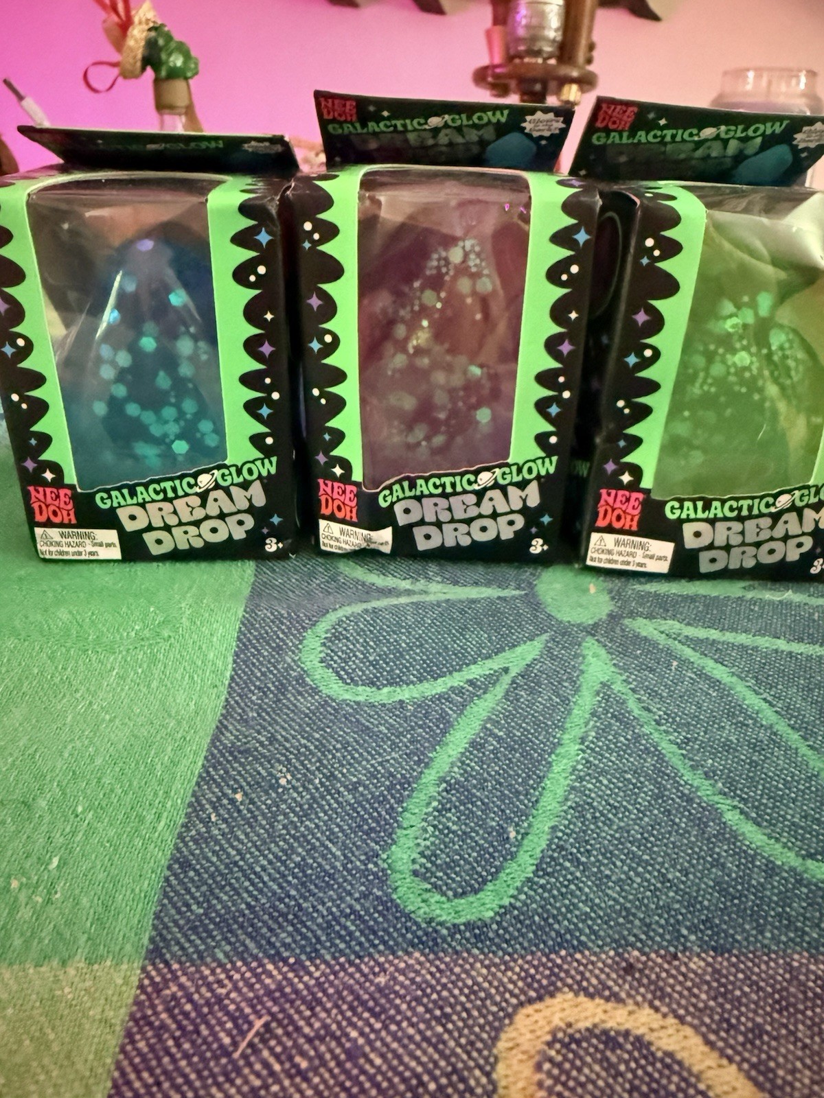 Schylling NeeDoh Galactic Glow Dream Drops Complete Set 3 Green Purple Blue RARE