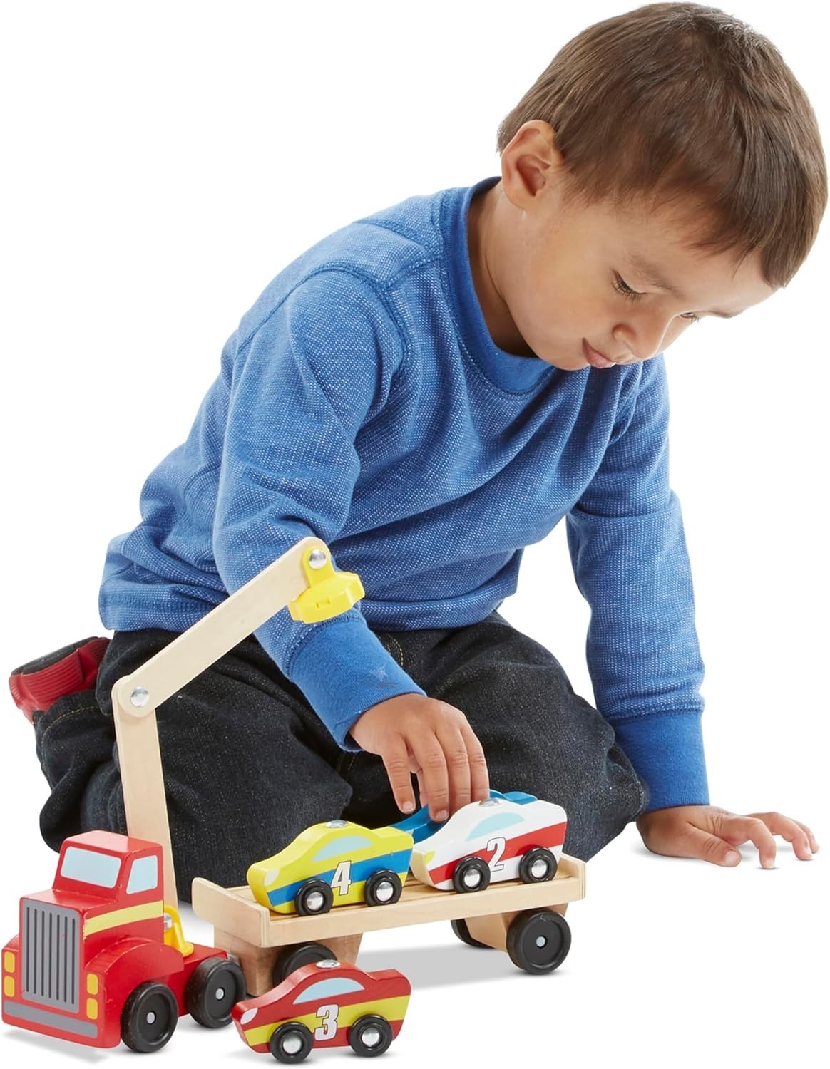 Melissa & Doug Magnetic Car Loader Wooden Toy Set Semi Crane with 4 Cars