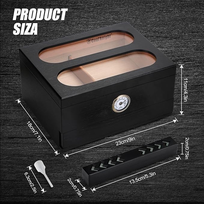 COOL KNIGHT Cigar Humidor Box w/ Hygrometer, Humidifier, Cedar, Glass Top (Black