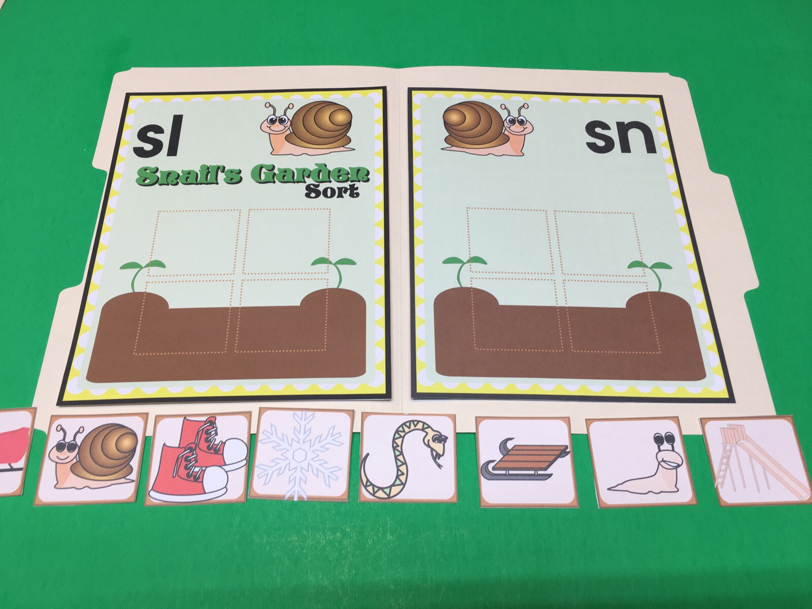 Snail’s Garden Sort – Phonics Sn / Sl – DIY File Folder game – Printed / Uncut
