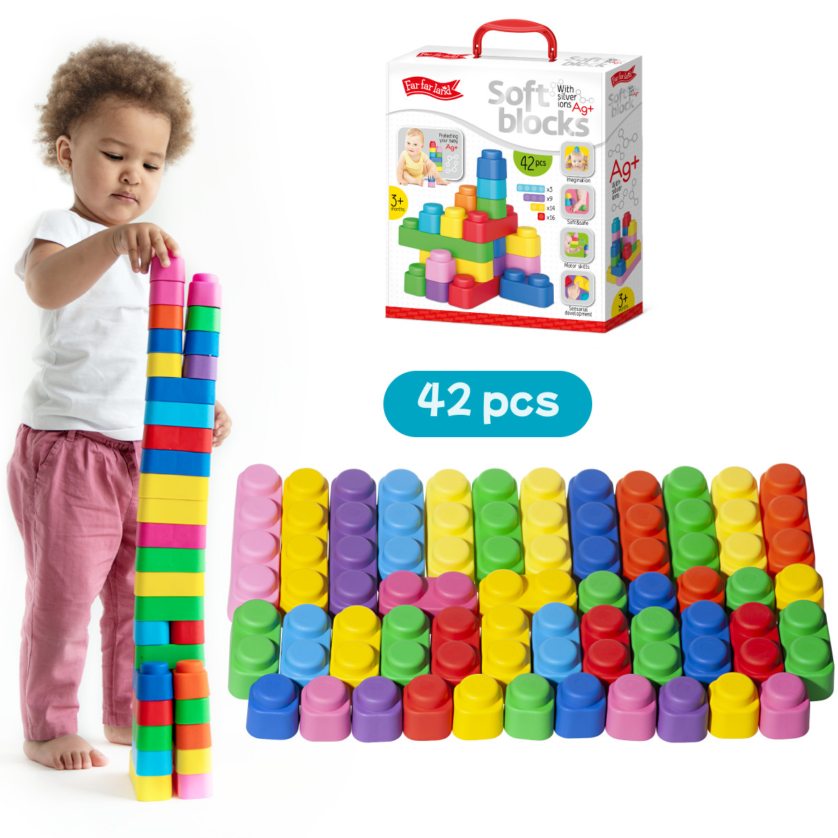 42pcs Baby Blocks – Colorful Soft Building Blocks for Baby Age 1+ old – New!
