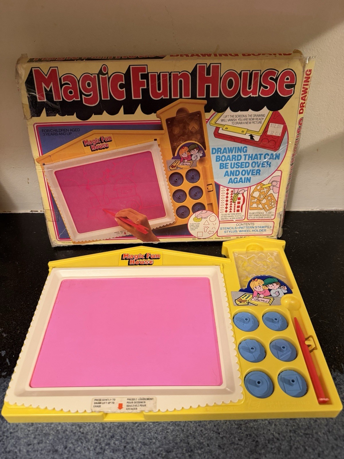 Vintage 1980s Magic Fun House Kids Drawing Board with Stencils Pattern Stamps