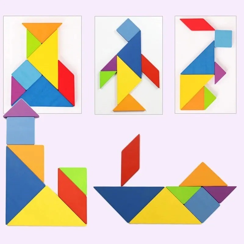 Children’s Wooden Colorful Tangram Iron Box Storage Jigsaw Puzzle Puzzle Early