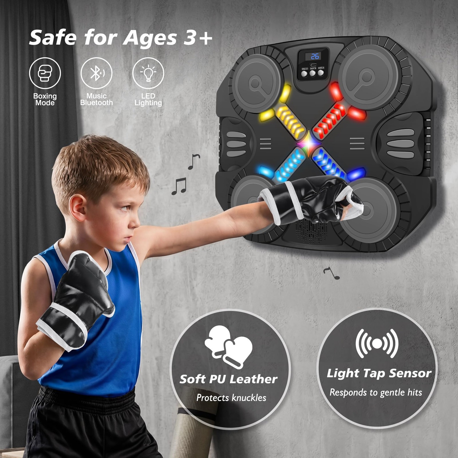 Music Boxing Machine Sport Toys for Kids,Wall Mounted Medium, Black S