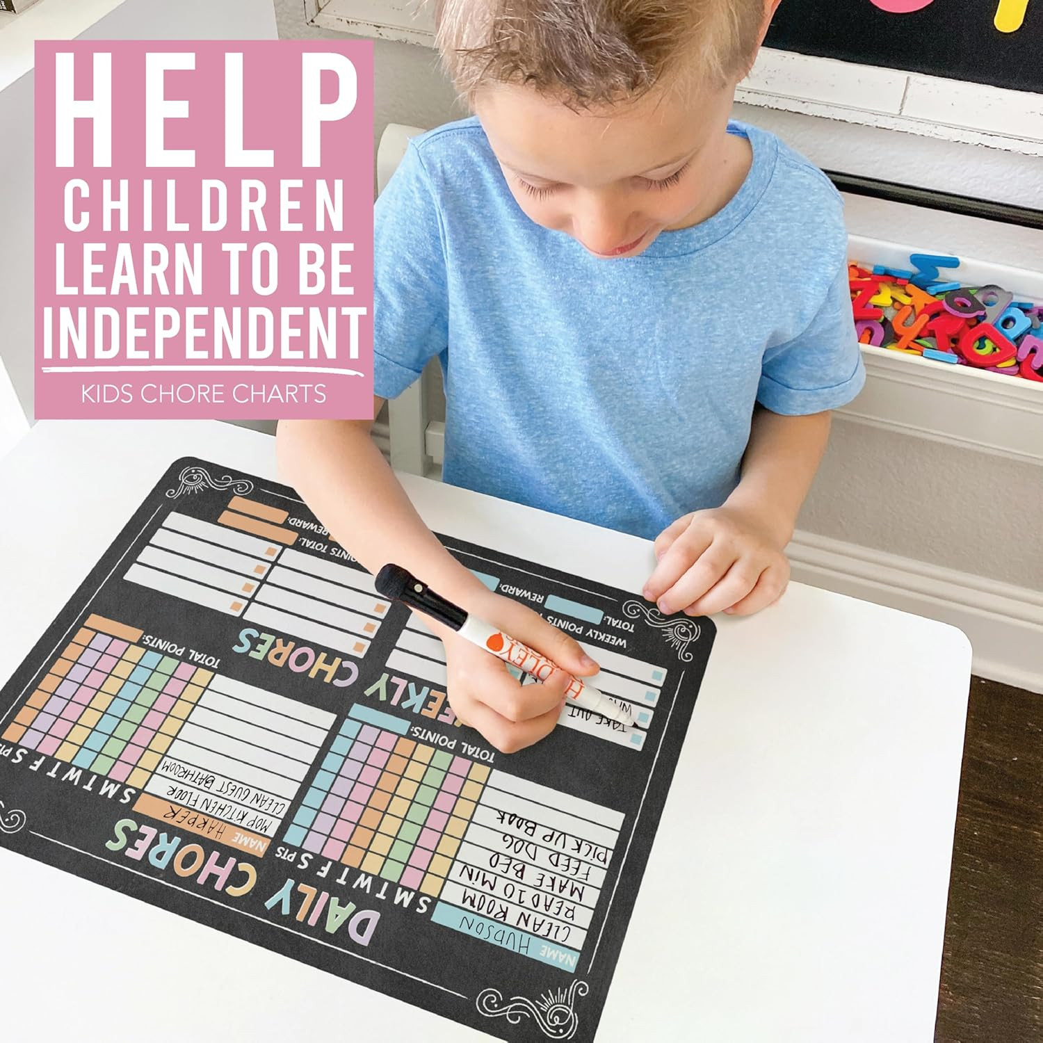Magnetic Chore Chart for 2 Kids Dry Erase Refrigerator Weekly Planner