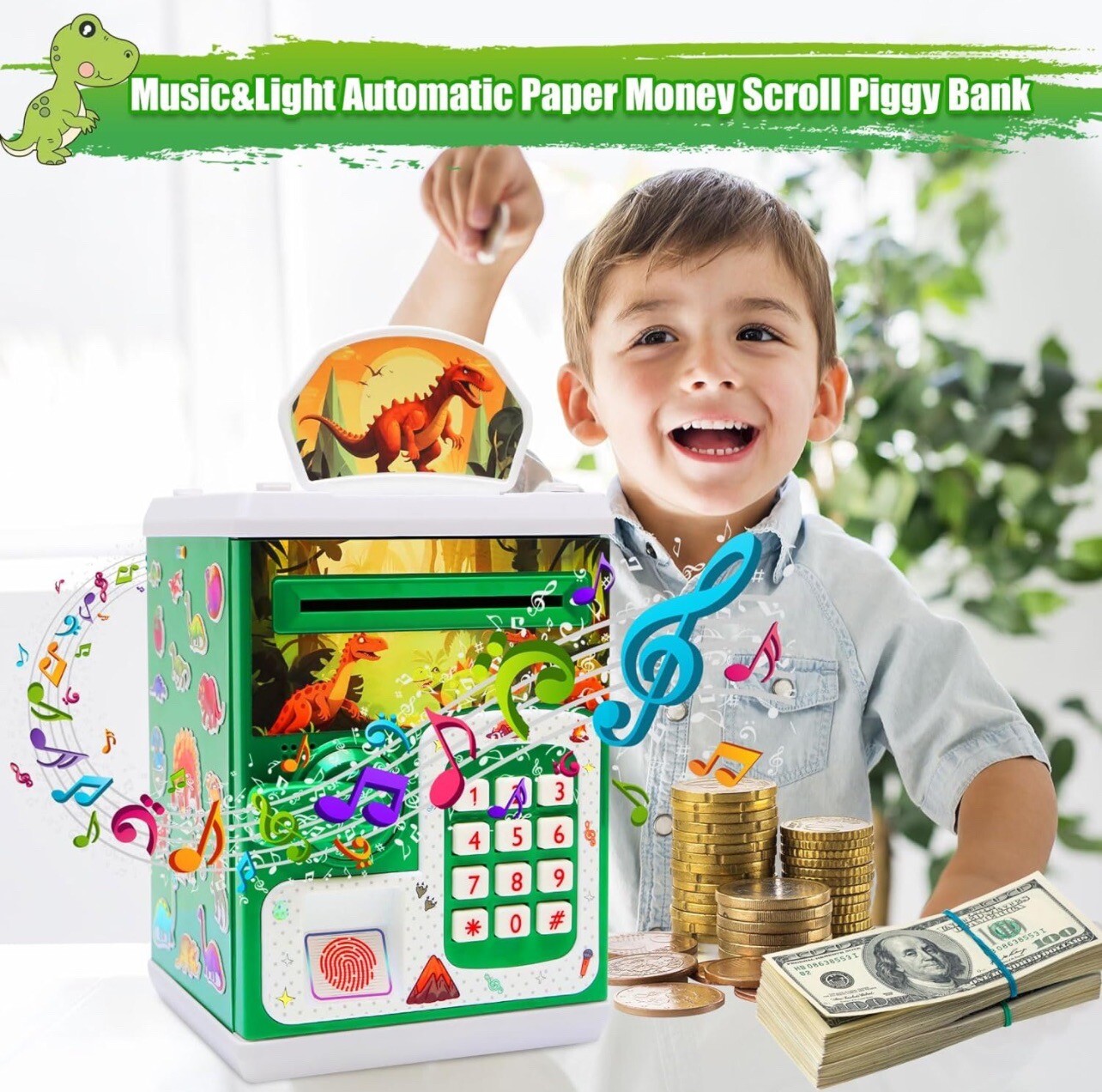 Green Dinosaur Piggy Bank/ Money Safe Electronic