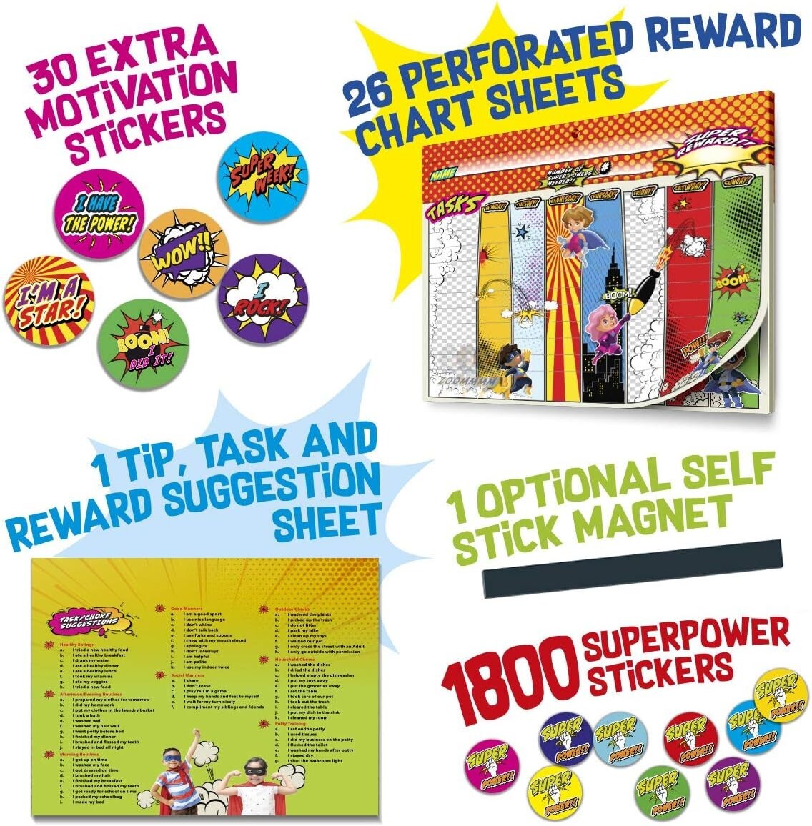 Super Hero Reward Chore Chart Pad 26 Sheets & 1800+ Stickers 6 Months of Charts