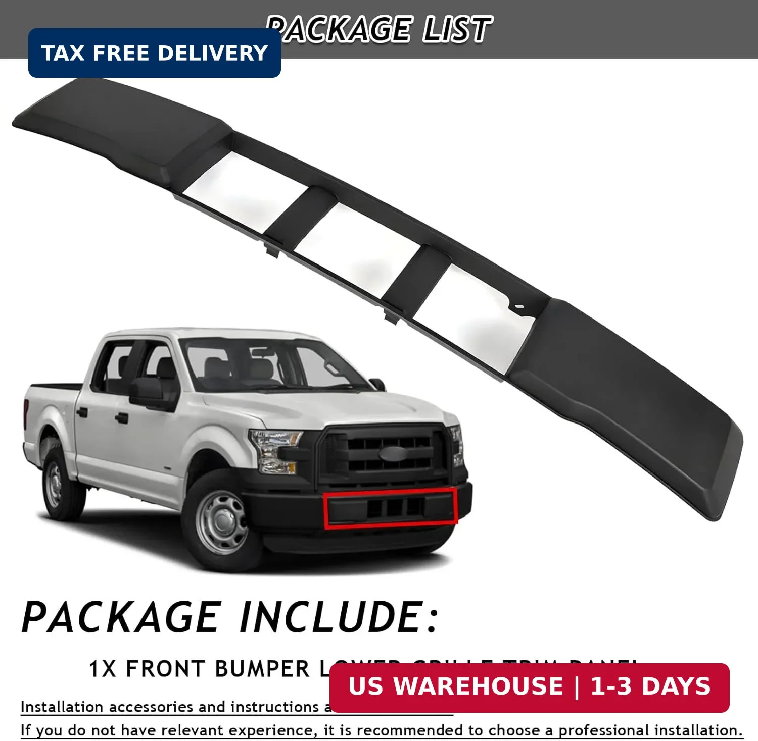Front Lower Grille Trim Panel Compatible With 2015-2017 Ford F-150 F150 Black Fr