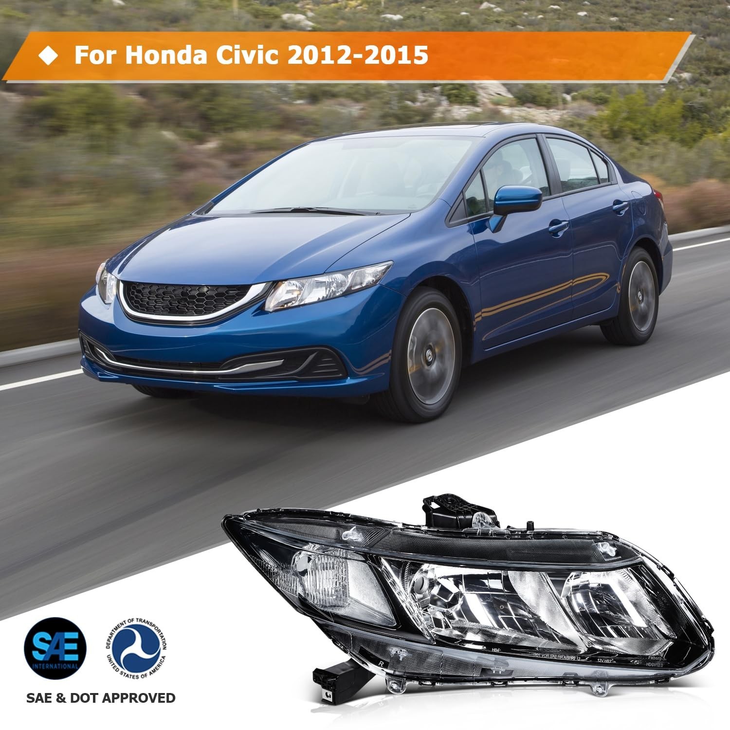 Headlight Assembly for Honda Civic 2012-2015 Clear Lens Black Housing Clear R…