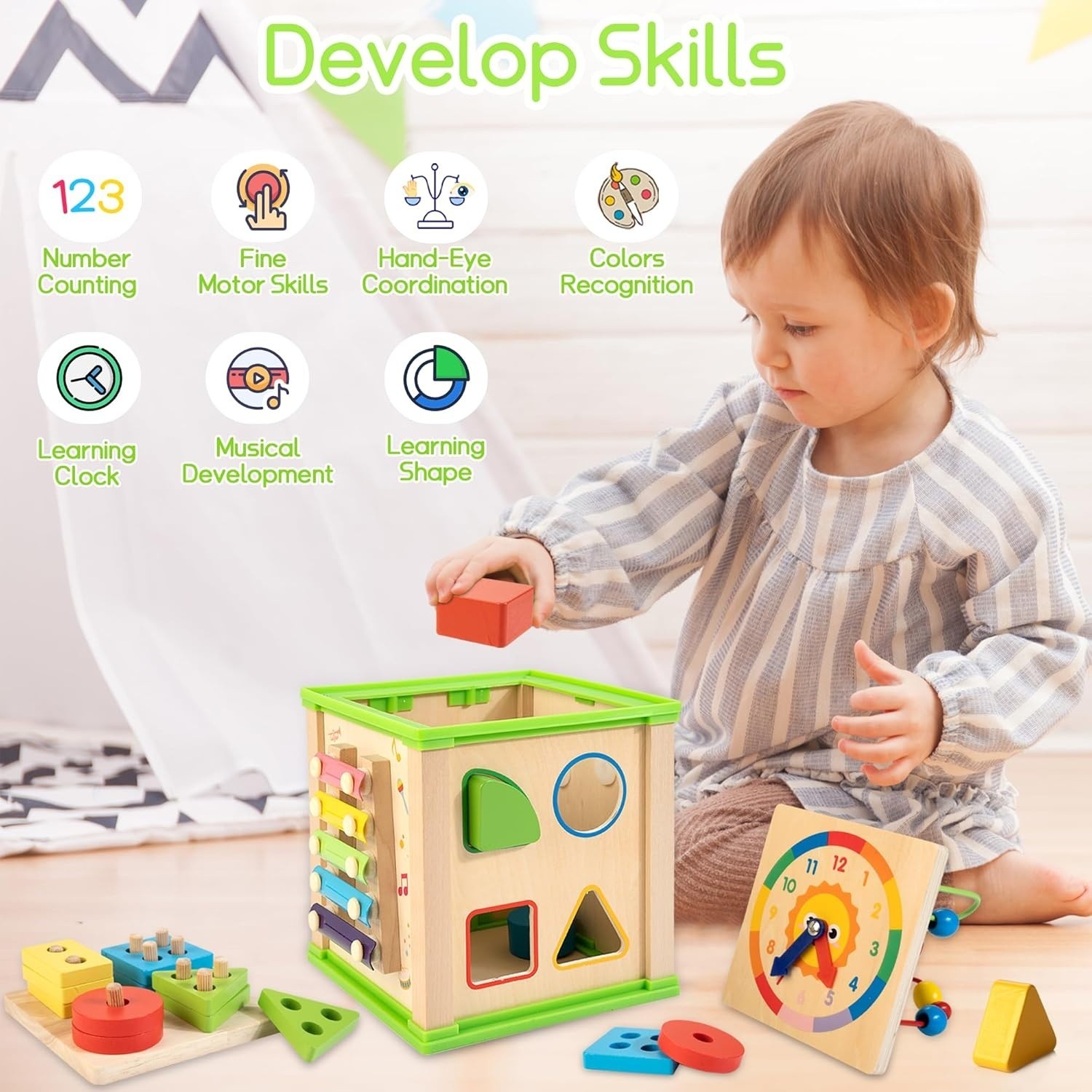 Wooden 7-in-1 Activity Cube Montessori Toys For 1 2 3 Year Old Toddlers Gifts