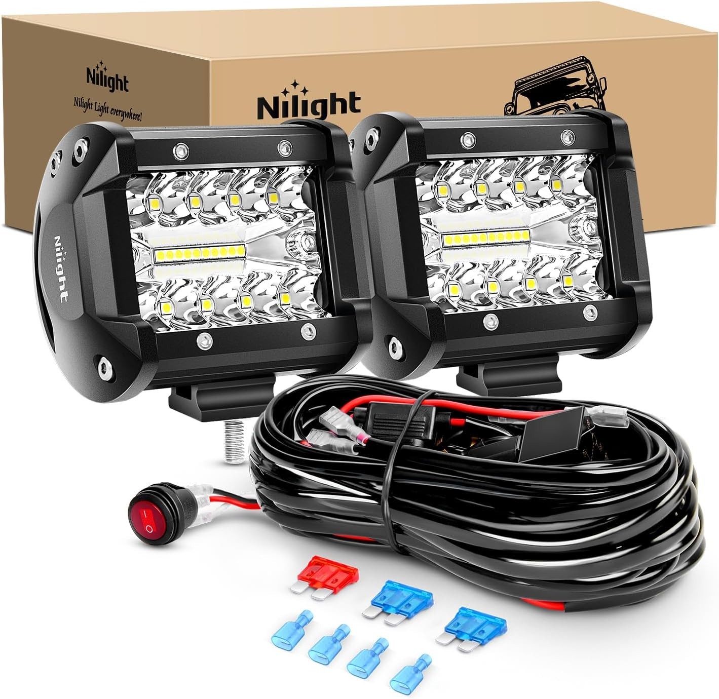 2PC 4Inch Triple Row Lights 60W Flood Spot Combo 6000LM Bar Driving Boat Led off