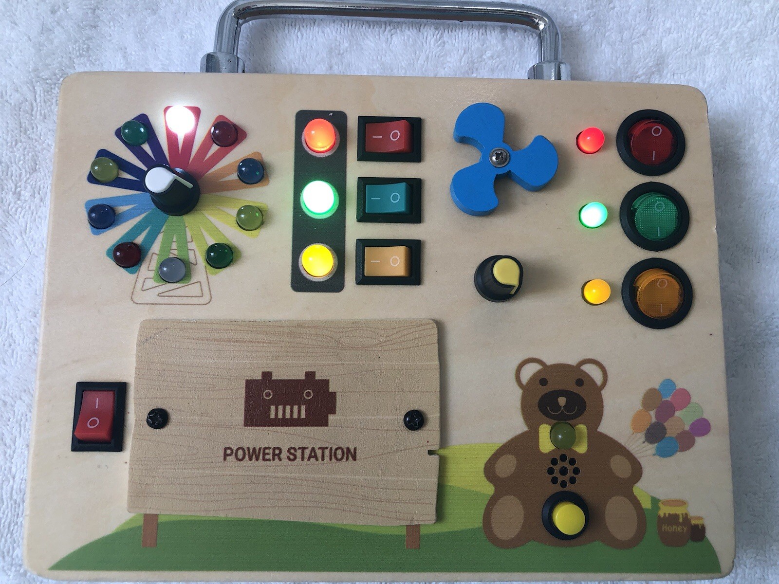 Wooden LED Busy Board 9”x6” Metal Handle Features Lights Buttons New Batteries