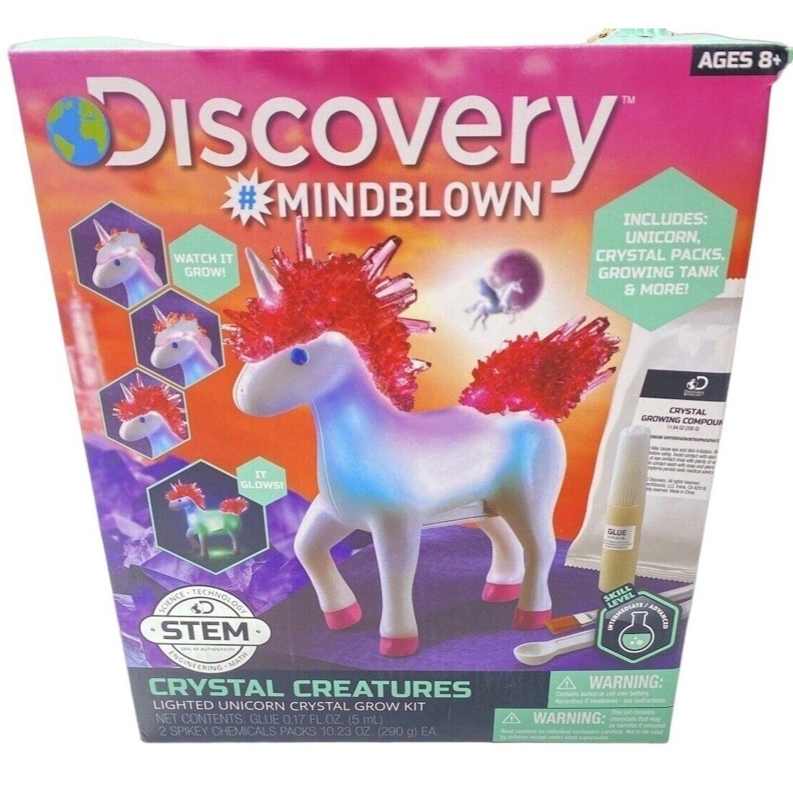 Discovery Crystal Creatures Light-Up Unicorn STEM Crystal Growing Kit, New
