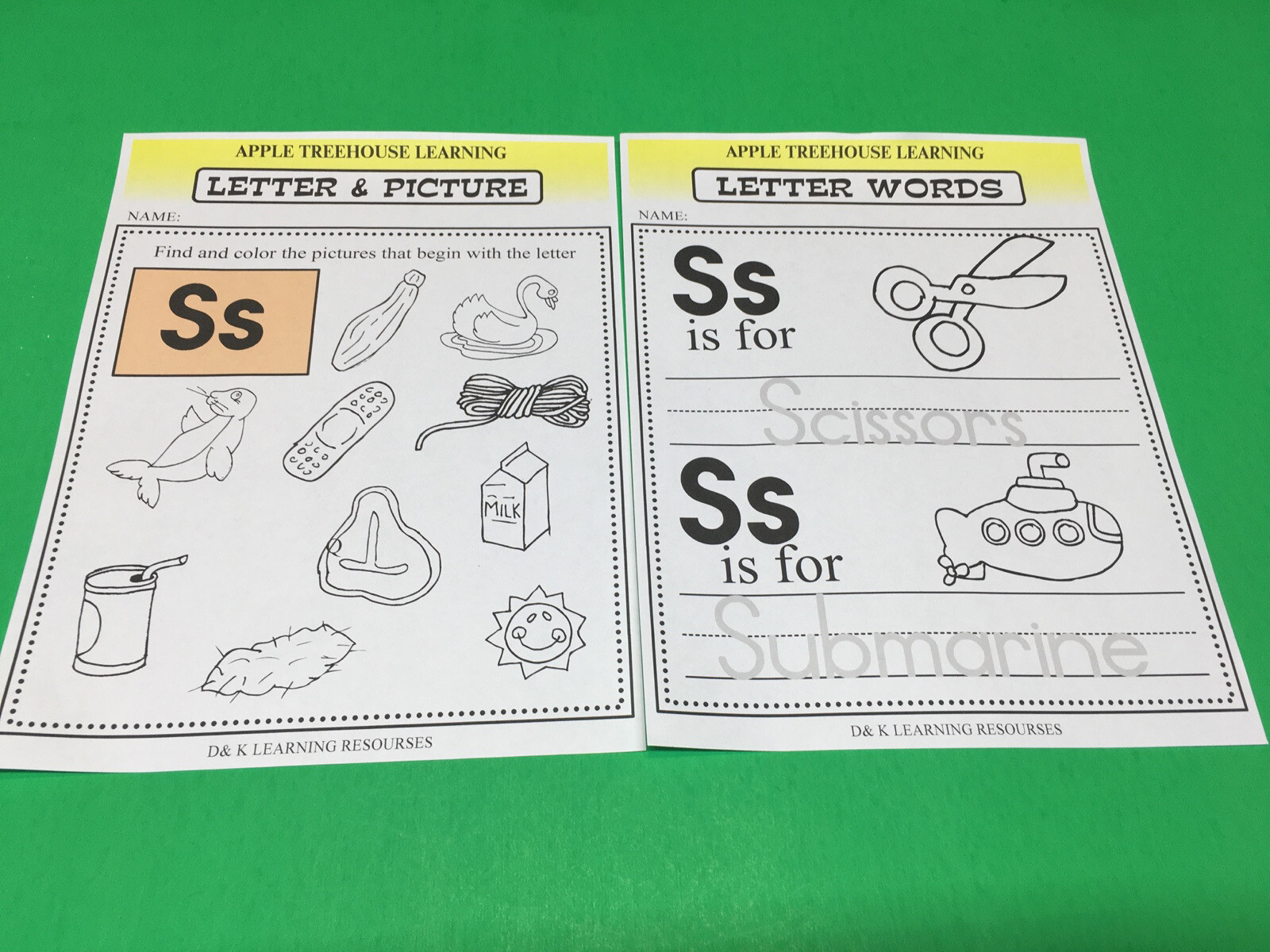 Letter Ss – Apple Treehouse Worksheets – Preschool Teaching supplies 20pgs