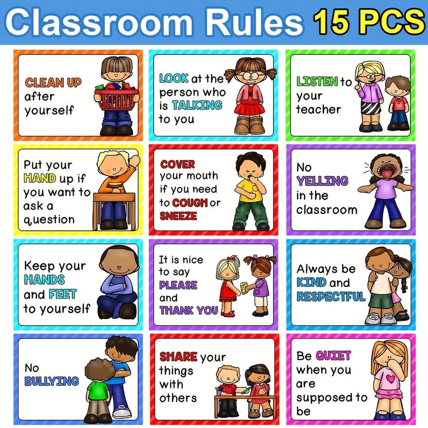 15Pcs A4 Classroom Rules Educational Posters for Preschool, Home, Middle and …