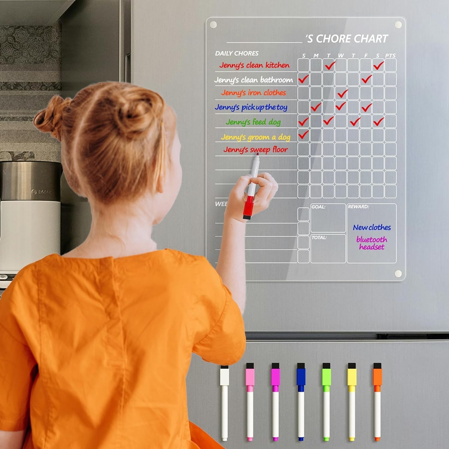 Stylish 12”x9” Acrylic Dry Erase Chore Chart with 8 Color Markers for Families