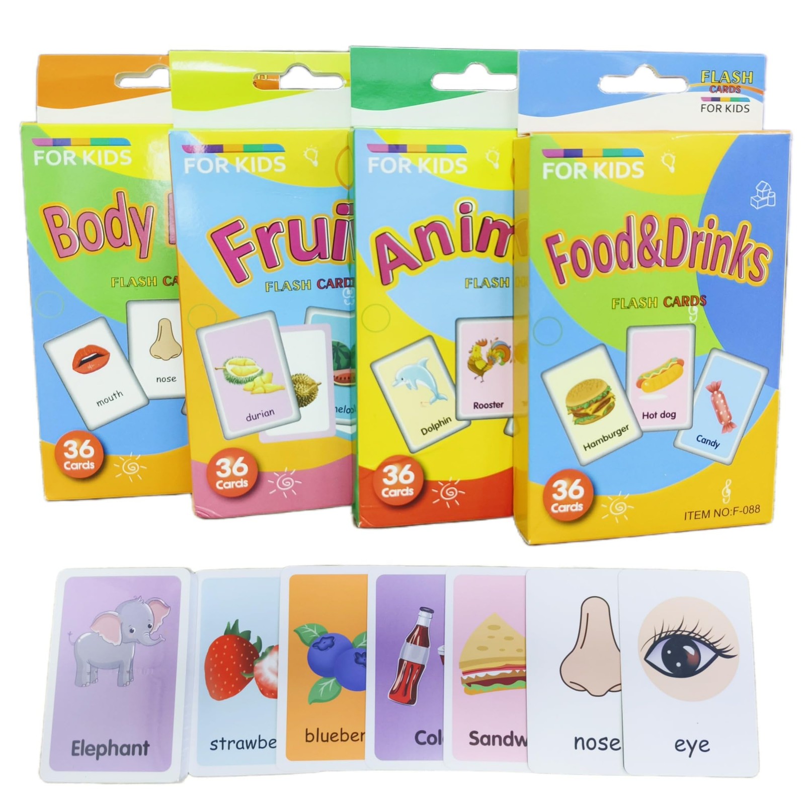 Flash Cards for Toddlers, Educational Learning Set of 144, Body Animal Food F…