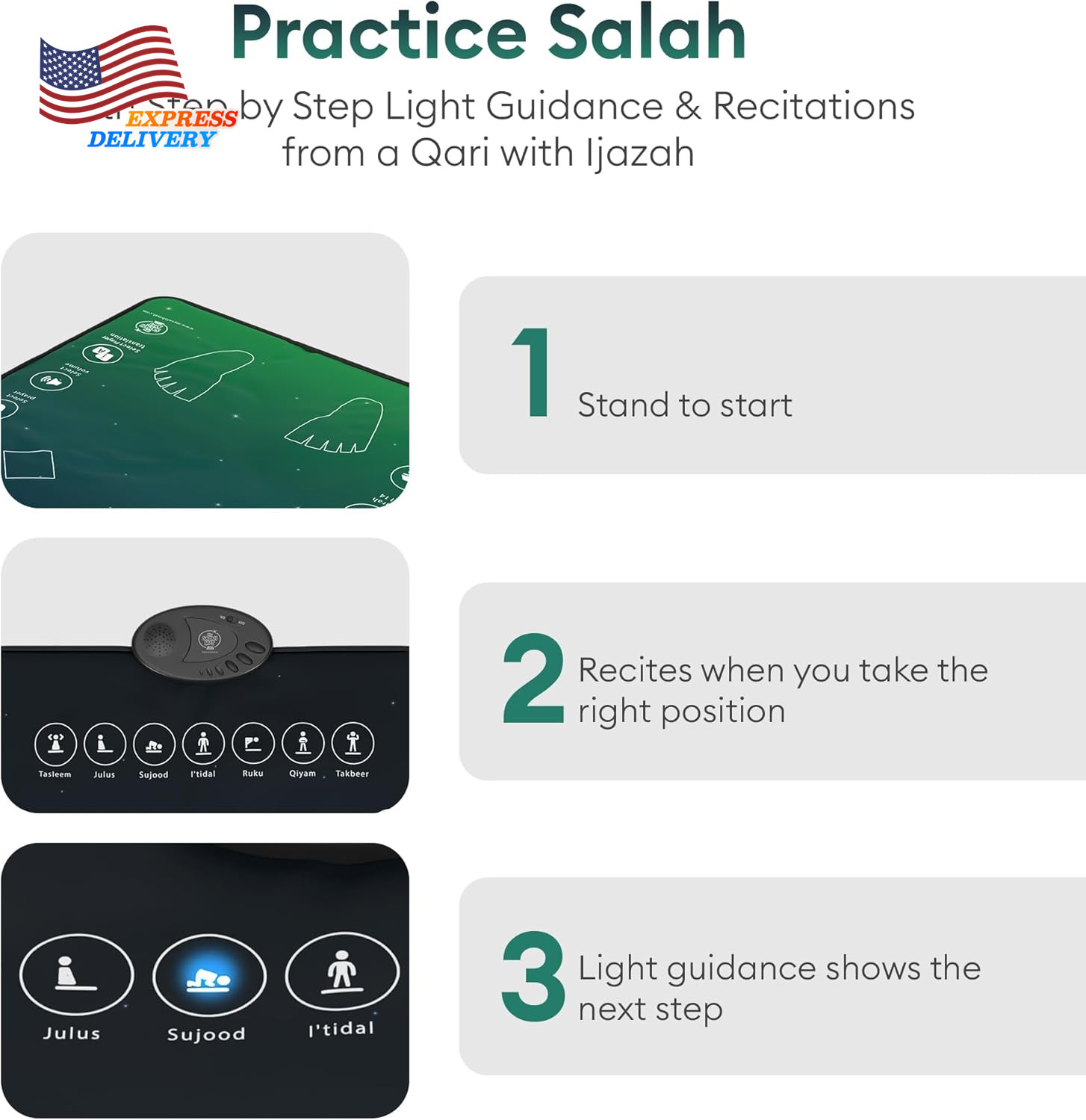 Salah Mat Interactive Prayer Mat & Reverts Learning Surahs Salah Duas & More