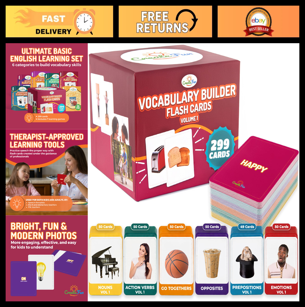299 Vocabulary Builder Flash Cards – Educational Photo Cards for ESL, Speech The