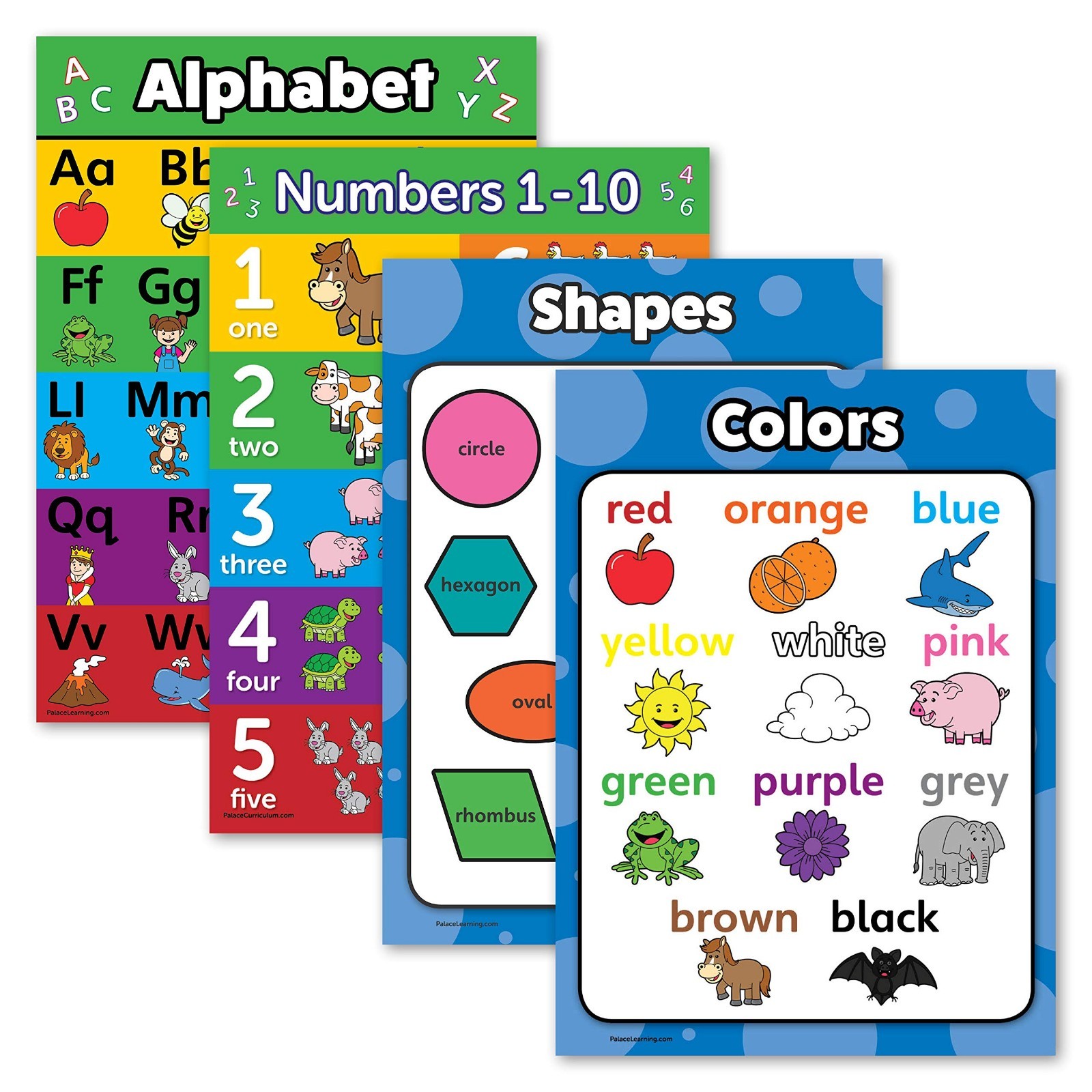 Educational Poster Set – ABC Alphabet, Numbers 1-10, Shapes & Colors – Laminated