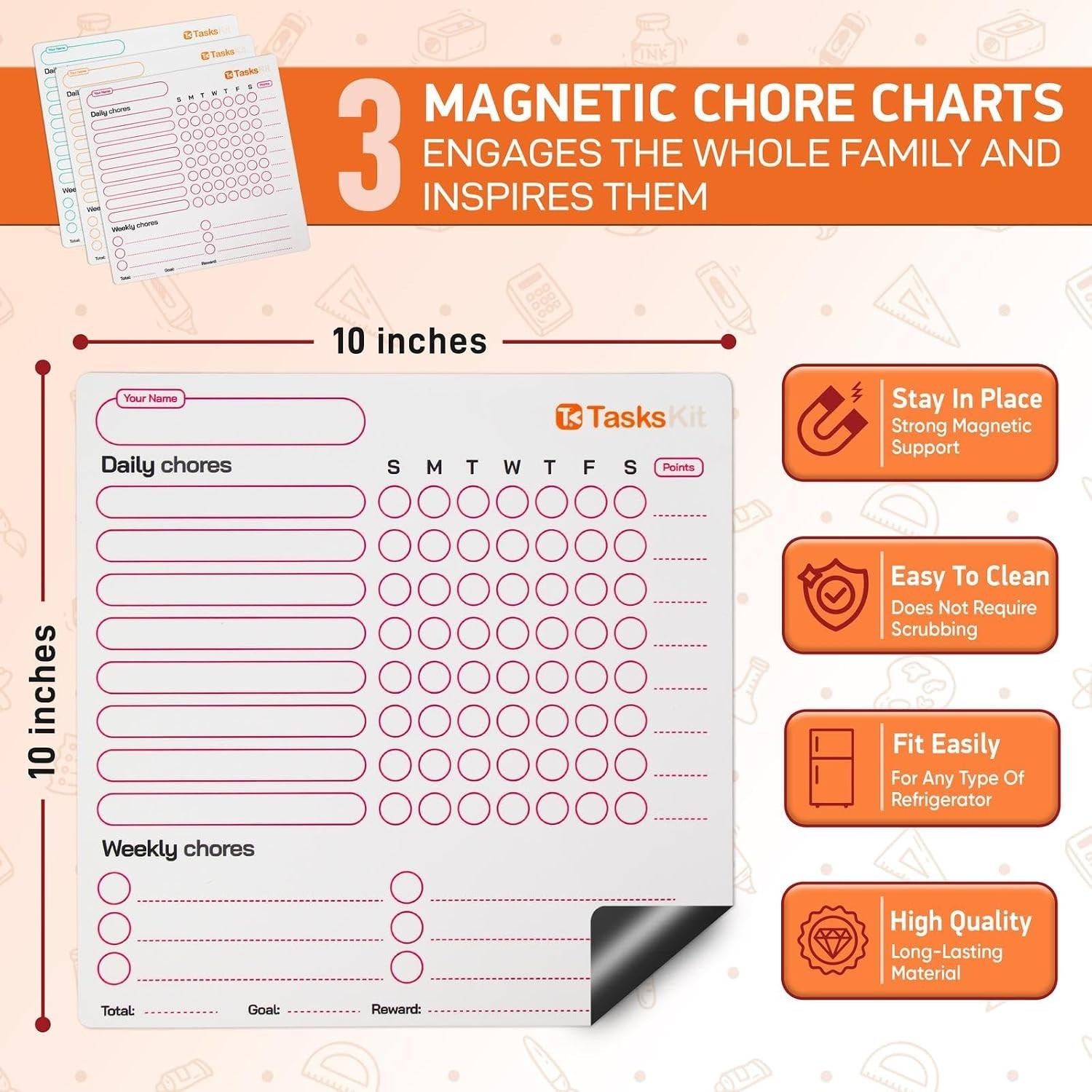 Magnetic Chore Chart for Refrigerator 10 x 10 Pack of 3 Fridge Boards, 8 colors