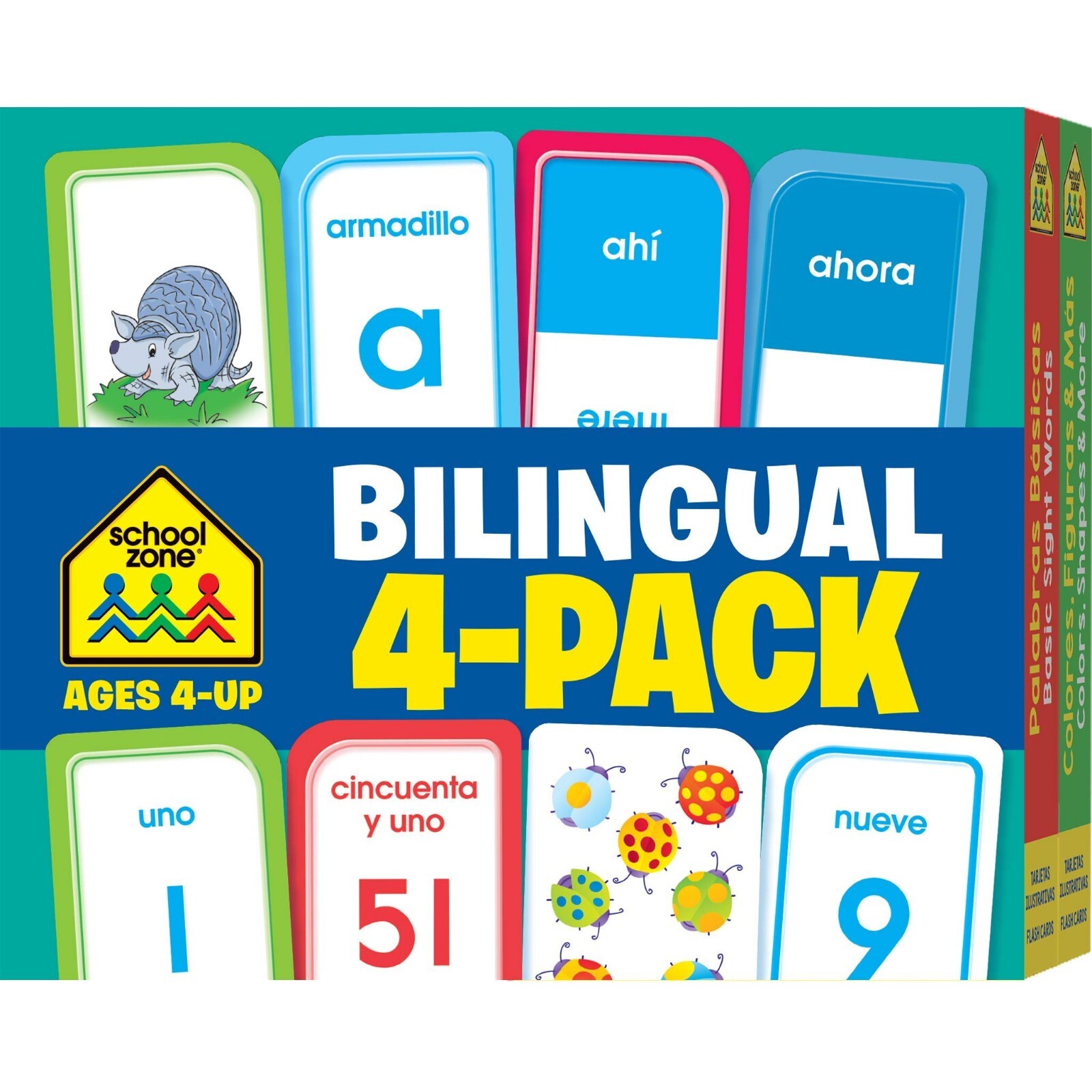 Spanish English Flash Cards Bilingual Vocabulary Phrases Numbers for Kids 4 Pack