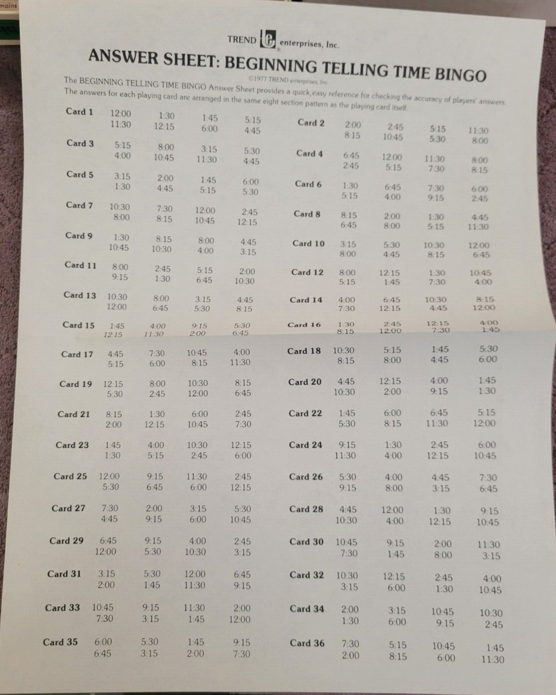 Vintage Trend Beginning Telling Time Bingo Complete – Active Learning -1977