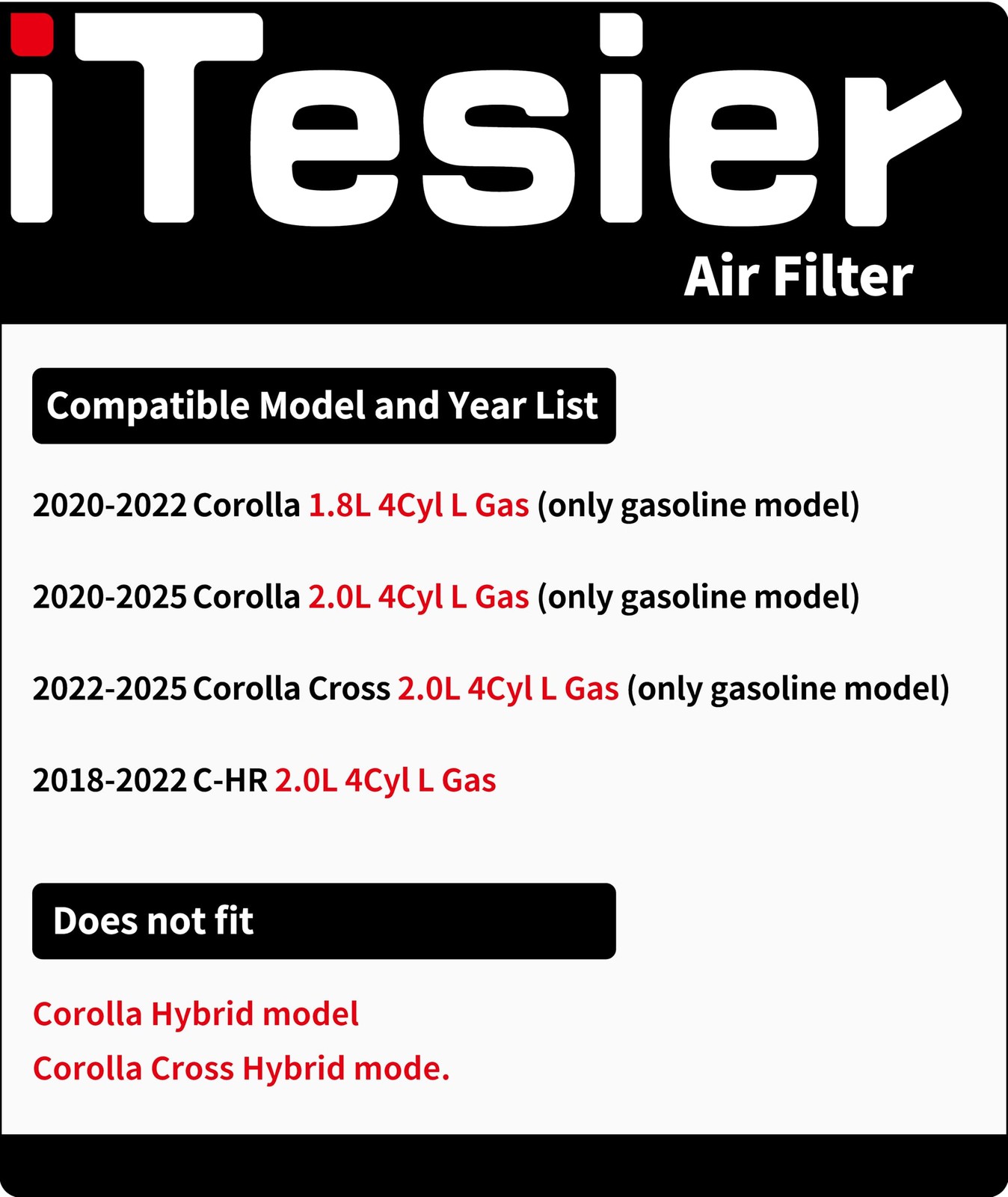 ITESIER Cabin Engine Air Filter Kit for 2020-2025 Corolla (NOT FOR HYBRID),…