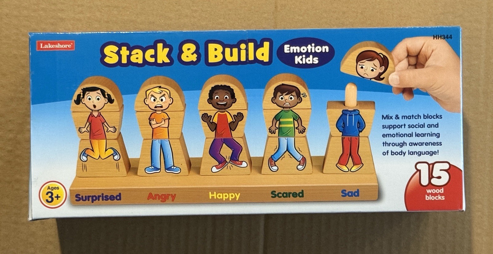 Lakeshore Stack & Build Emotion Kids – 15 Mix & Match Wood Blocks with Stand