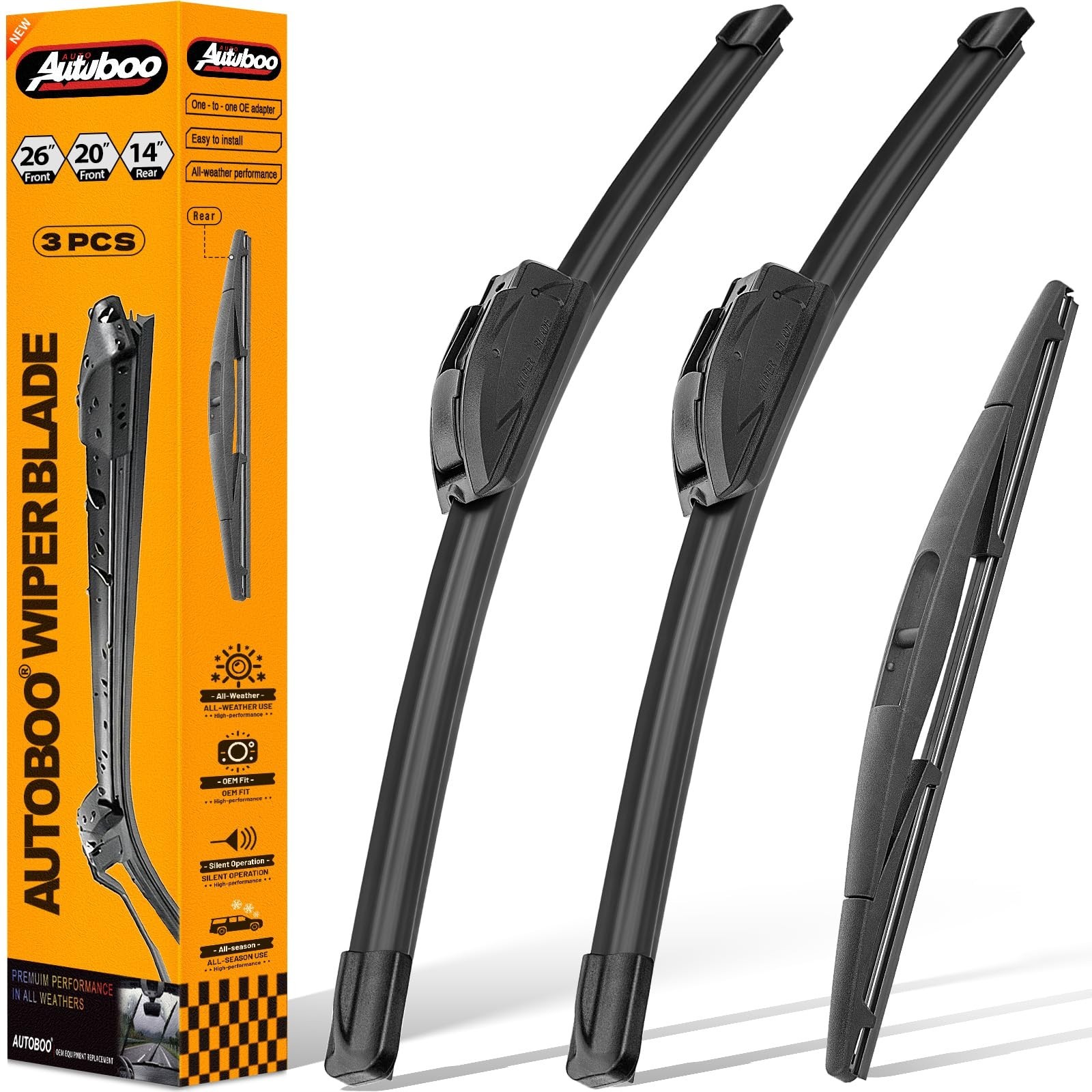 AUTOBOO 26″+20″ Windshield Wipers with 14″ Rear Wiper Blade Sets Replacement …