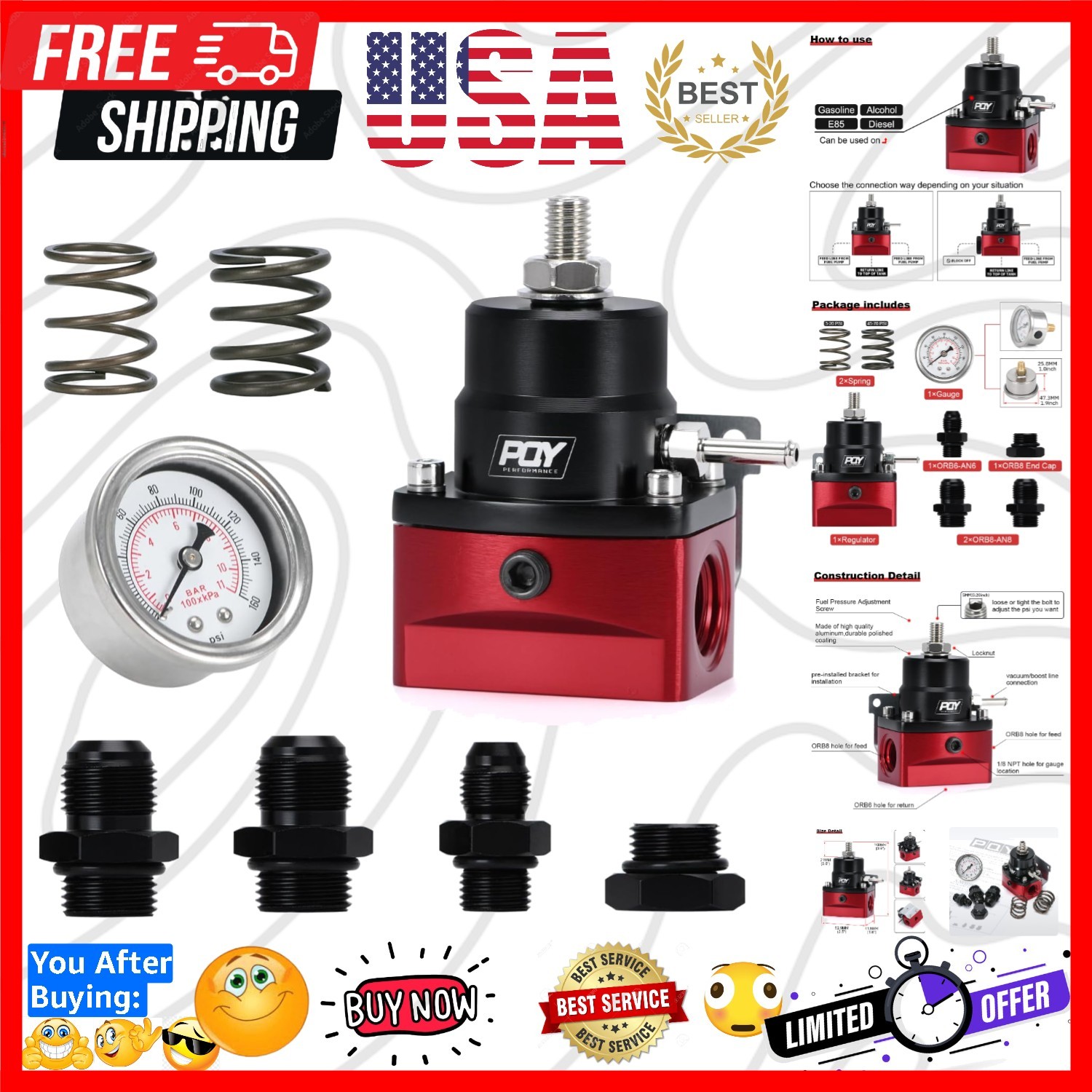 Adjustable Fuel Pressure Regulator Kit 3-70PSI with AN8 Feed Port and AN6 Ret…