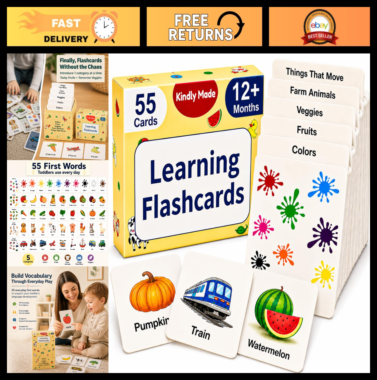 Durable Flash Cards for Toddlers 1-3 – 55 Learning Cards, First Words, Montessor