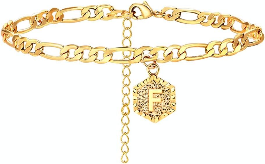 Gold Initial Anklet for Women Dainty 14k Gold Anklets Alphabet Letter Cuban Link