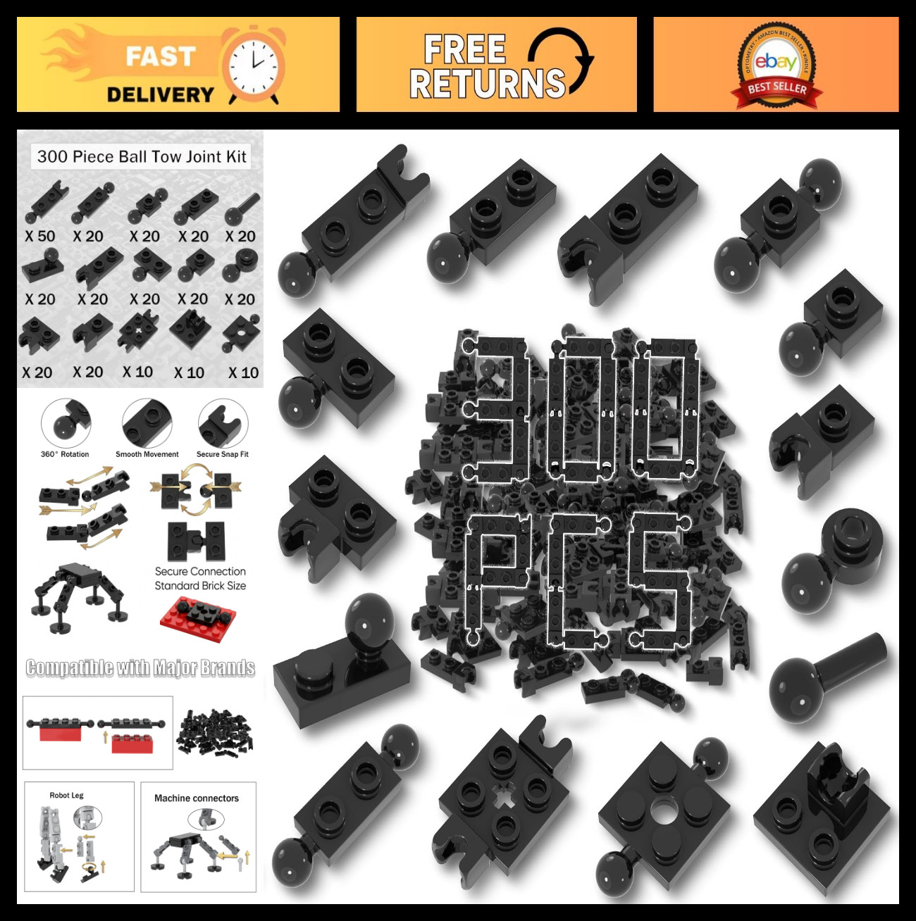 300 Pcs MOC Modified Joint Tow Ball Building Blocks Set, Classic 1×2 Plates, Edu