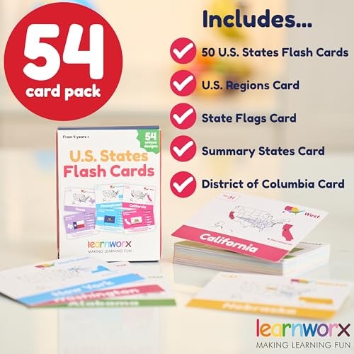 U.S. States Flash Cards for Kids | 50 State Geography Cards with Capitals,