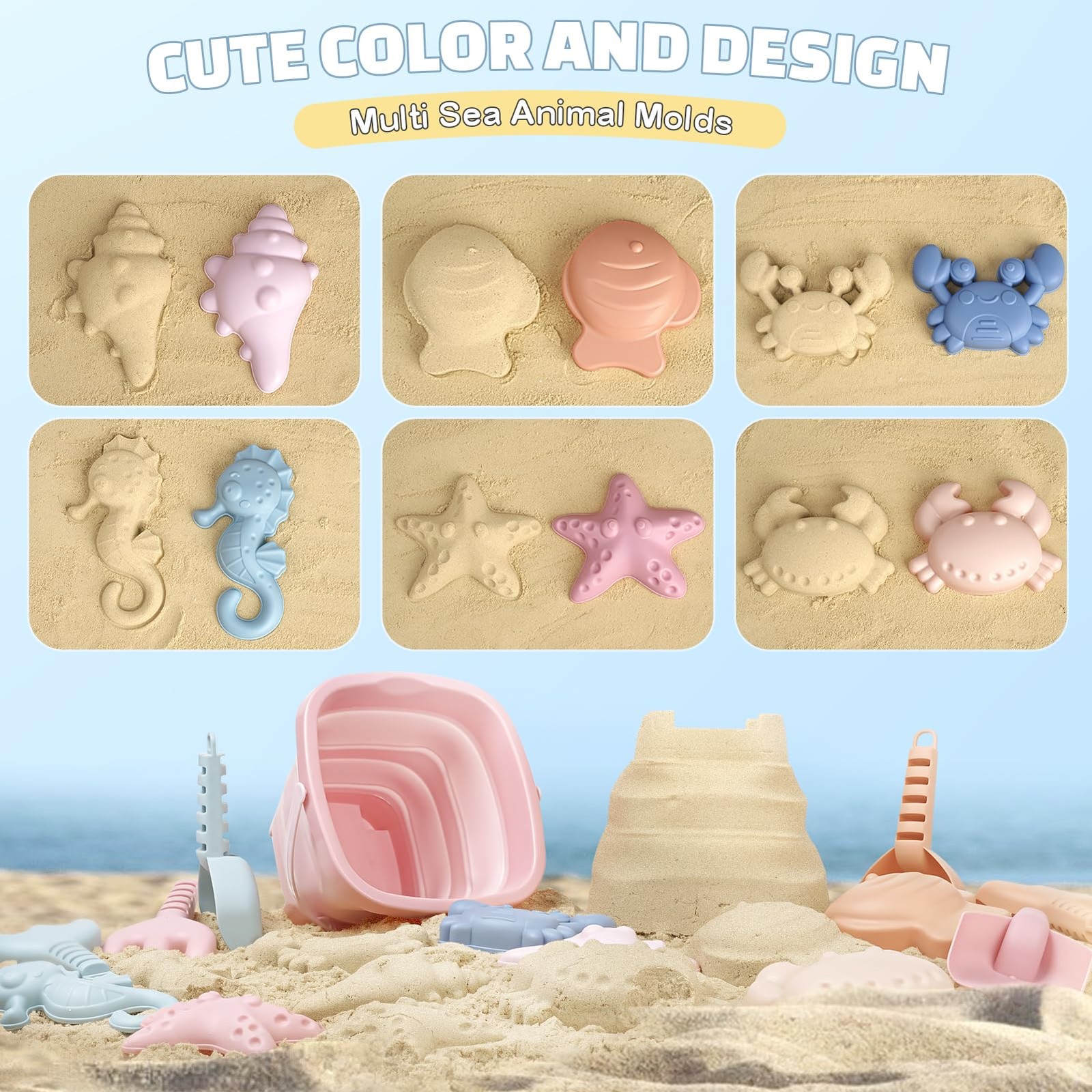 Dreamon Beach Toys Set for Kids 3-10, Collapsible Compact, Pink/Orange/Blue