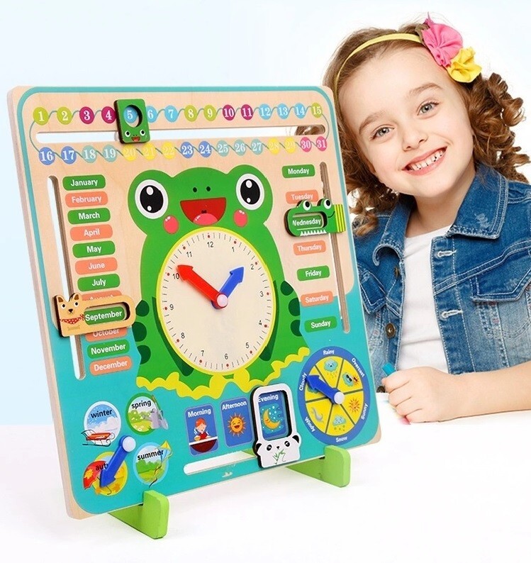 Wooden Clock Preschool Learning Calendar – Teach Kids Time, Date, and Seasons