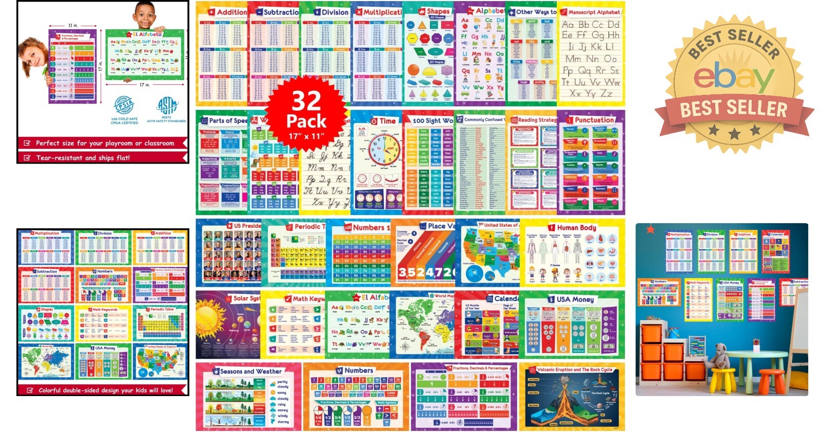 Multifunctional 32 Educational Posters for Children – 17×11 for Home & School