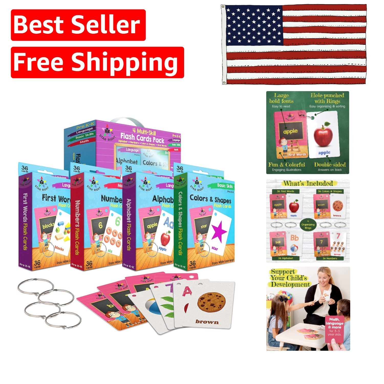 Engaging Flash Cards Set for Preschoolers – 4 Packs with Organizational Rings