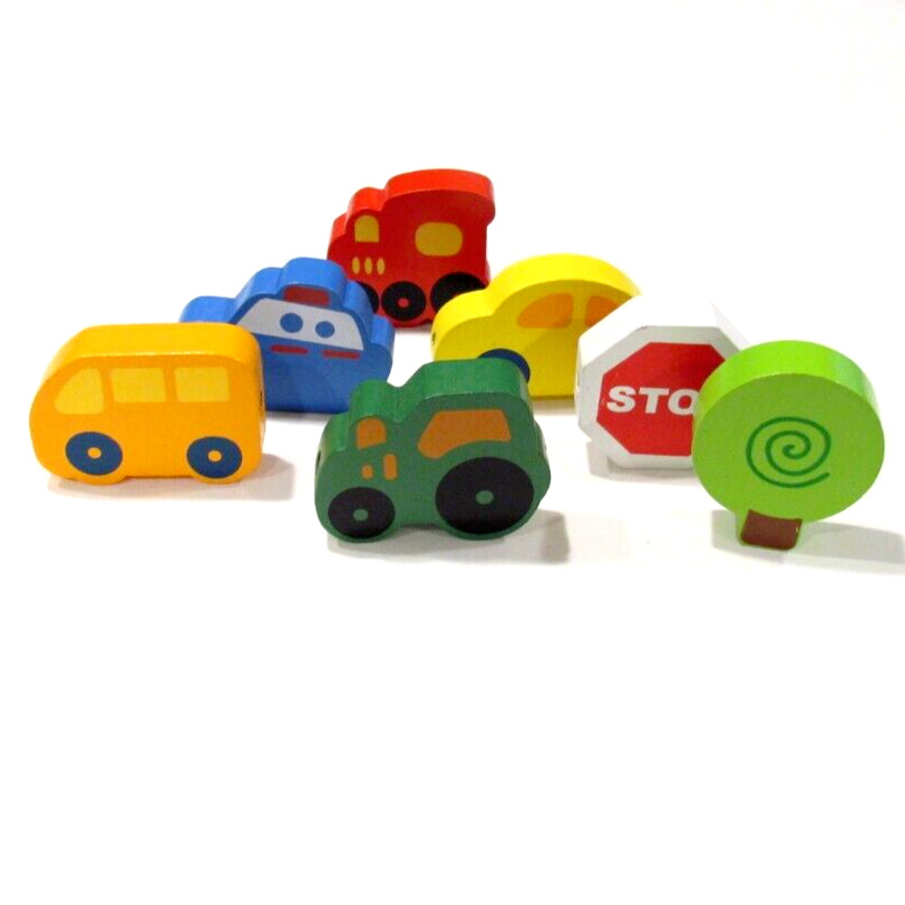 Lot of 7 Colorful Wooden Beads Bus Train Car Tree Stop Sign Tractor Boat / Ship