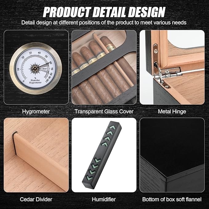 COOL KNIGHT Cigar Humidor Box w/ Hygrometer, Humidifier, Cedar, Glass Top (Black