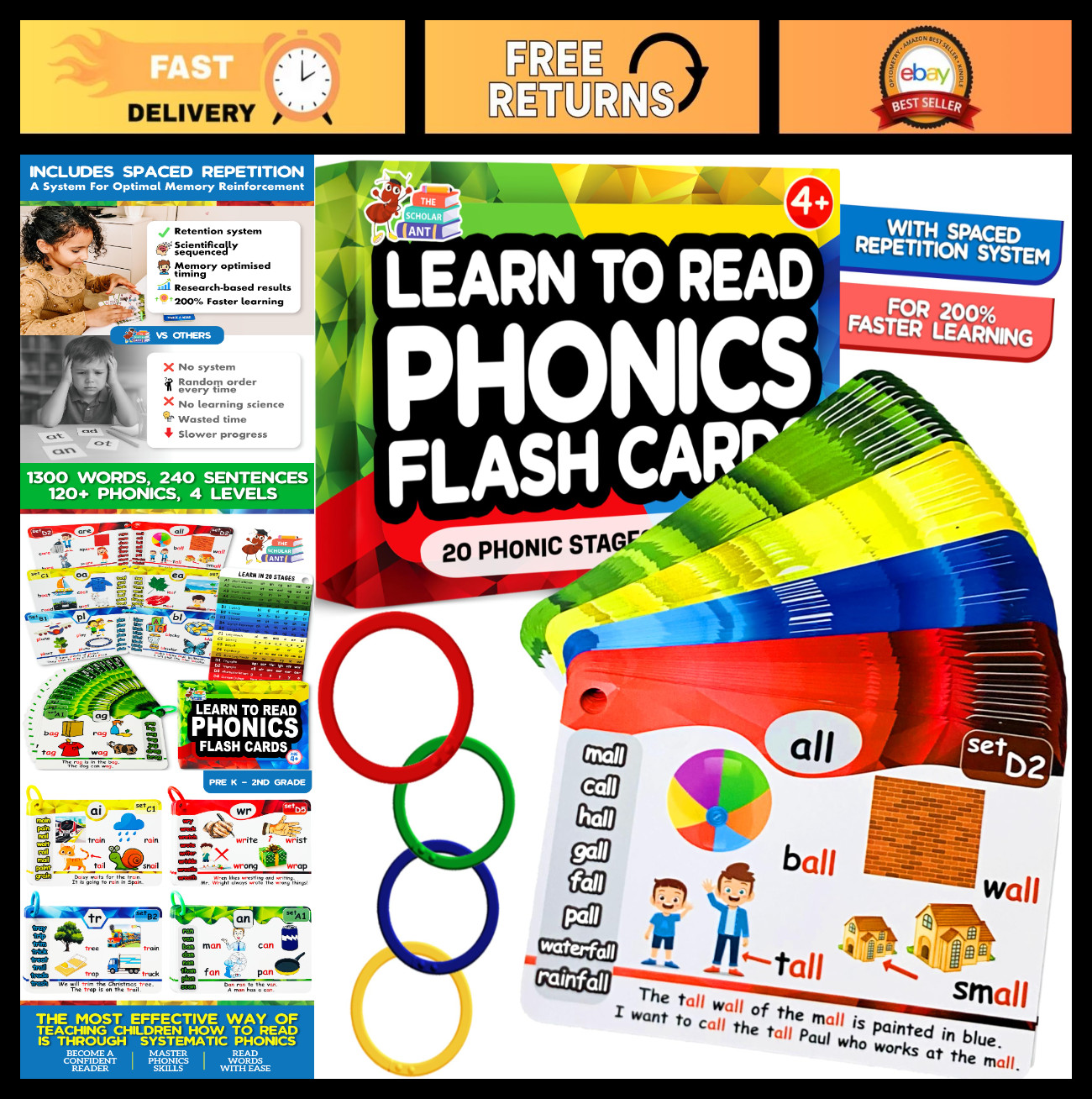 Phonics Flash Cards – Spaced Repetition Learning System for Kids 4-8, 20 Stages,