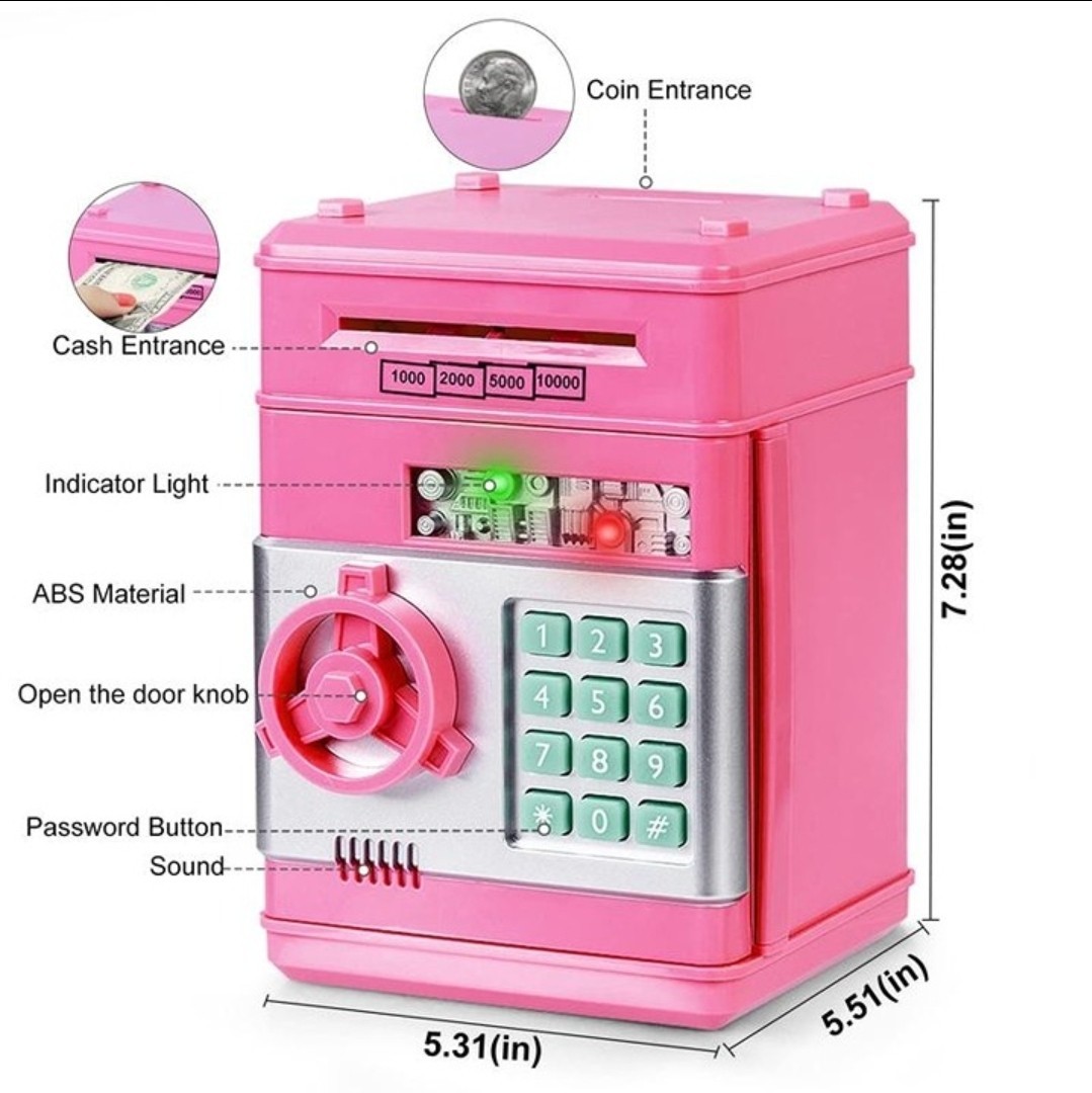 Kids Electronic Money Bank Safe Pink ATM Piggy Bank Password Lock Toy
