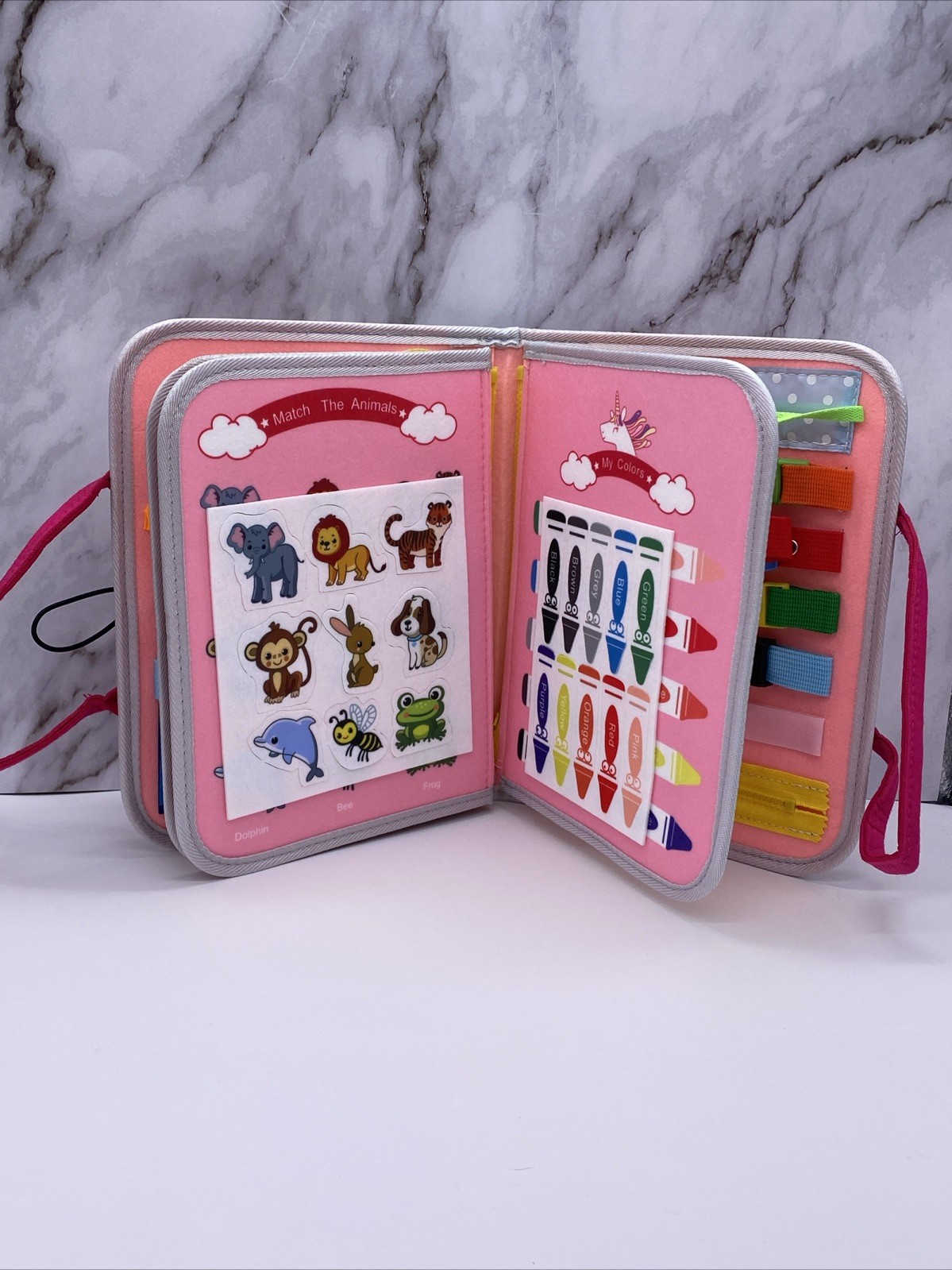 Childrens Busy Board Travel Activity Educational Learning Book Toy Pink Unicorn