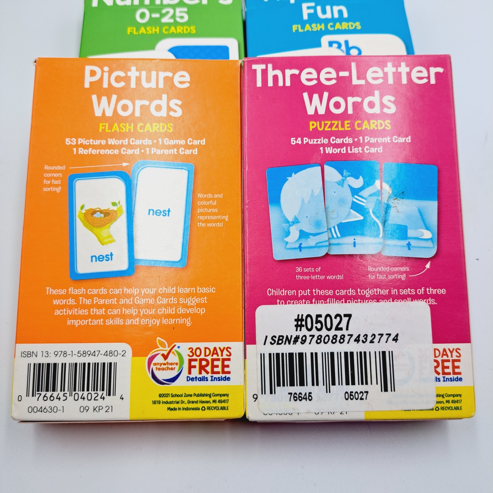 4 Packs of Learning Flash Cards School Zone Numbers, Words & Alphabet Age 3 & Up