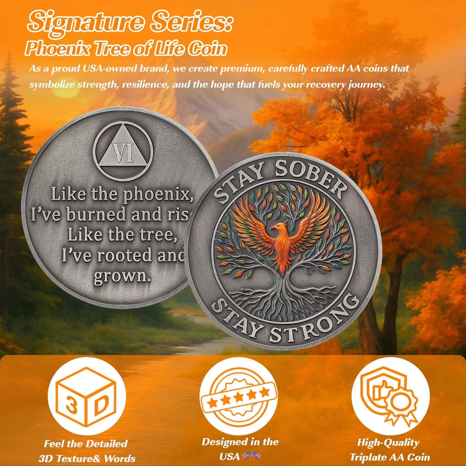 Phoenix Tree of Life 6 Year Sobriety Coin, Affirmation AA Medallion, Addictio…