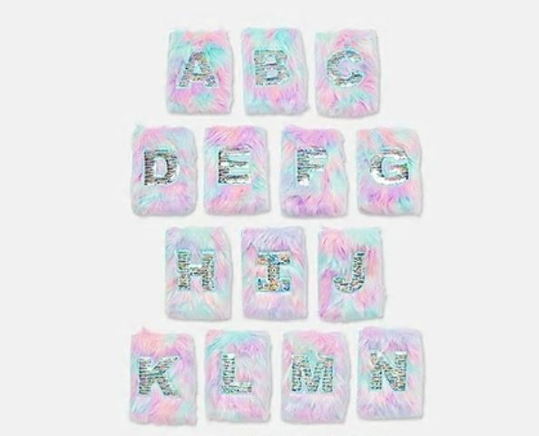Justice Girl Faux Fur Fluffy Flip Sequins Diary Journal Writing Notebook Initial